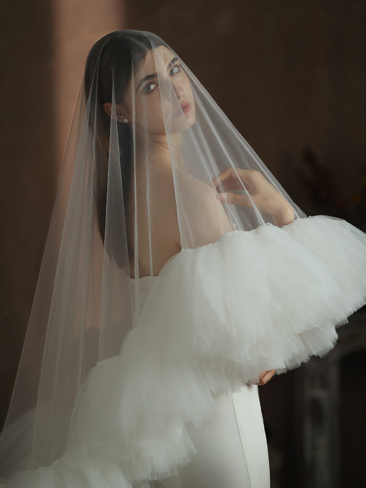 White Ruffles Tulle Wedding Veil Without Comb