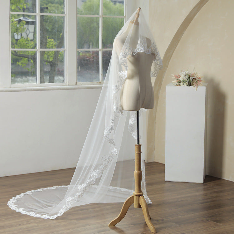 Classy 3M White Lace Tulle Wedding Veil