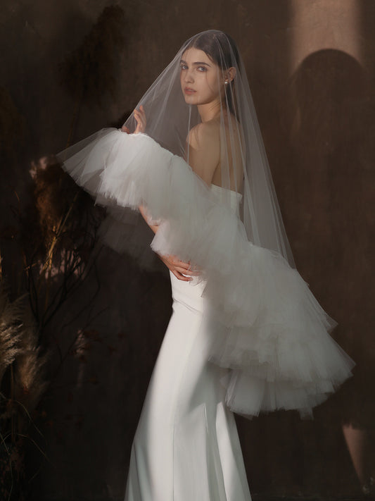 White Ruffles Tulle Wedding Veil Without Comb