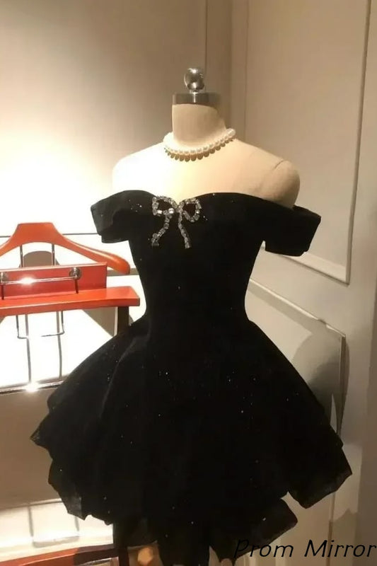 Off The Shoulder Black A-Line Sparkly Homecoming Dress