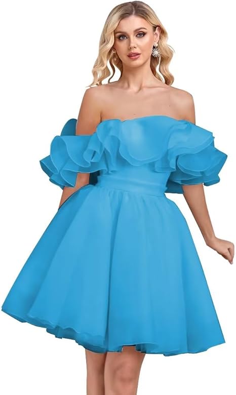 Off Shoulder Chiffon Homecoming Dresses Layered Ruffles Short Prom Dresses