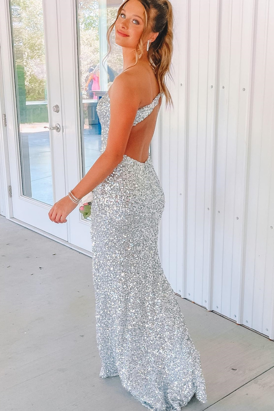 One Shoulder Silver Sequin Mermaid Long Formal Dress with Slit