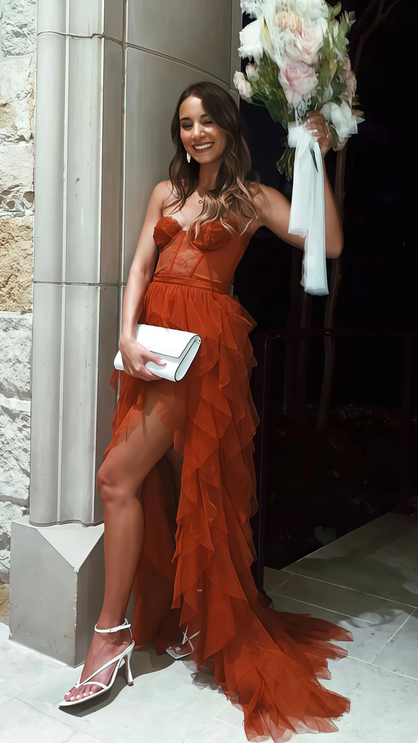 PM076,Rust Red Sweetheart High Low Tiered Formal Dress,Tulle Long Evening Prom Dresses