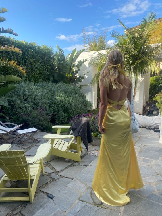 Pastel Yellow Sheath Long Prom Dress Cute Satin Evening Party Dress