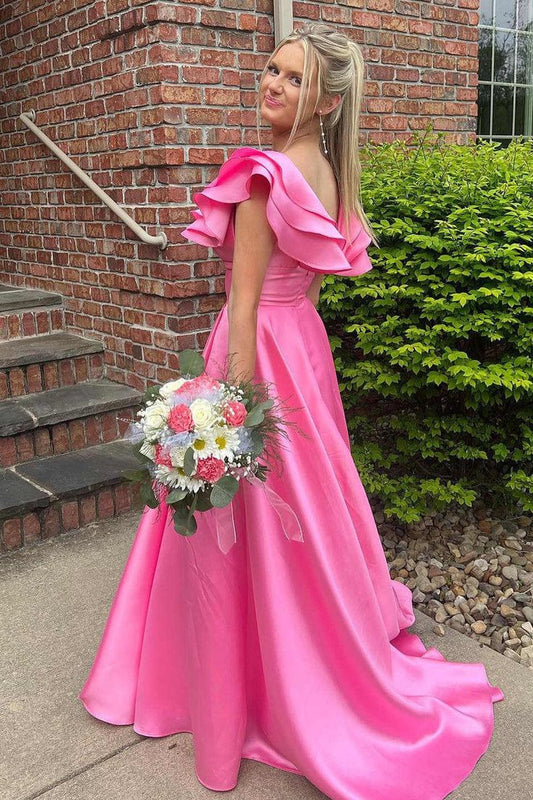 Pink A-Line Split Long Prom Dress