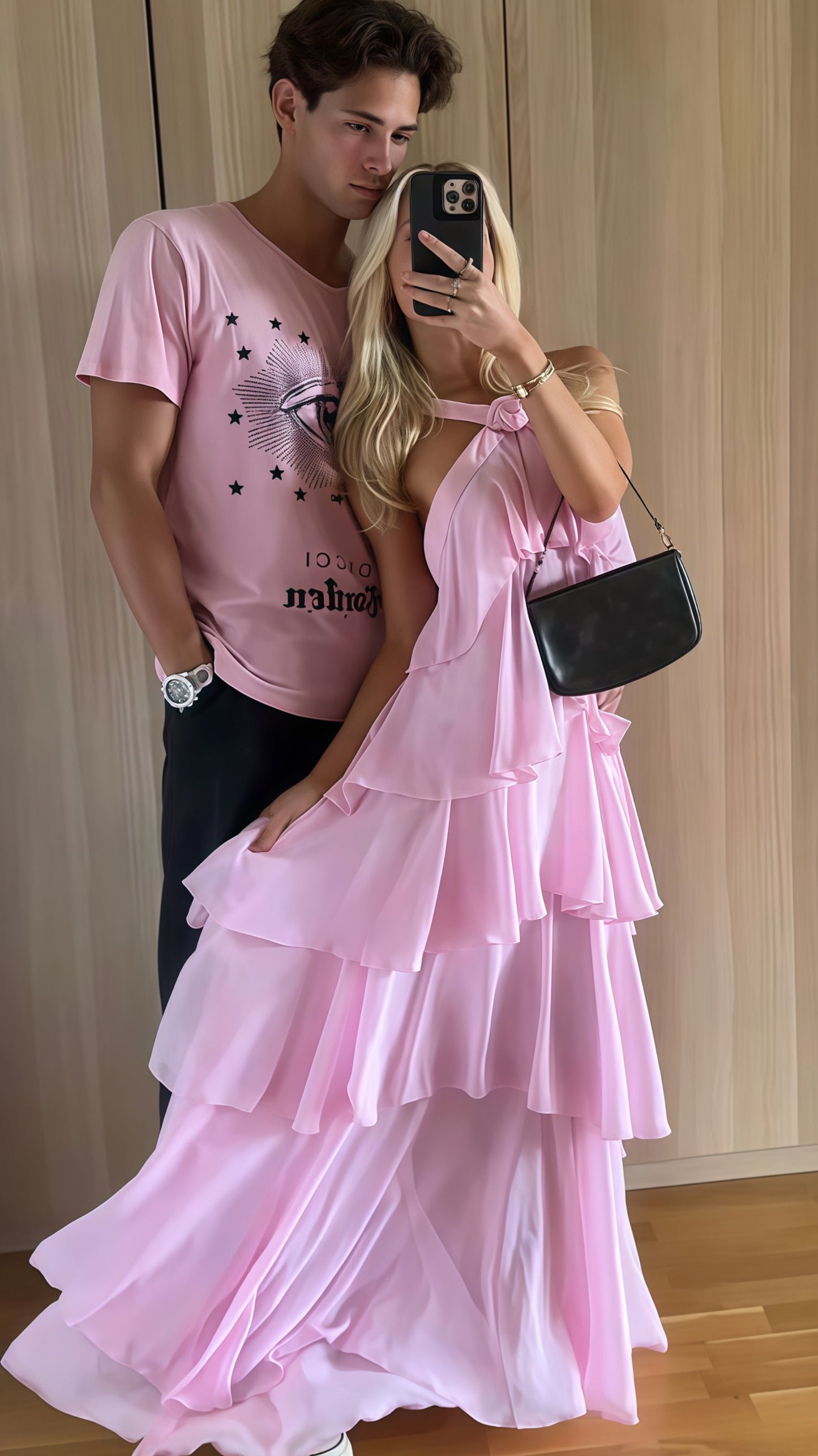 Pink Chiffon Ruffle Prom Dress, Halter Backless Party Dress
