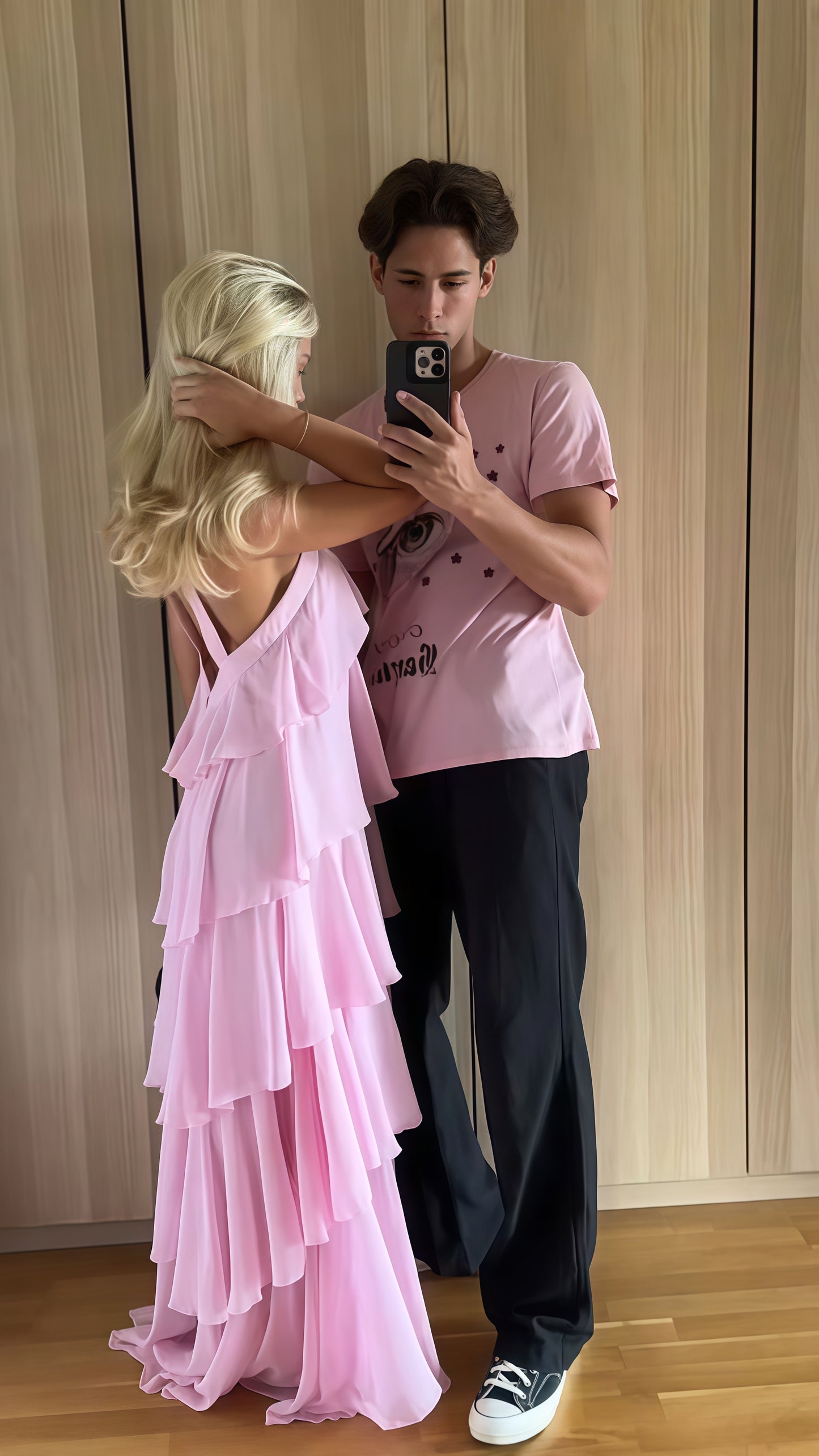 Pink Chiffon Ruffle Prom Dress, Halter Backless Party Dress