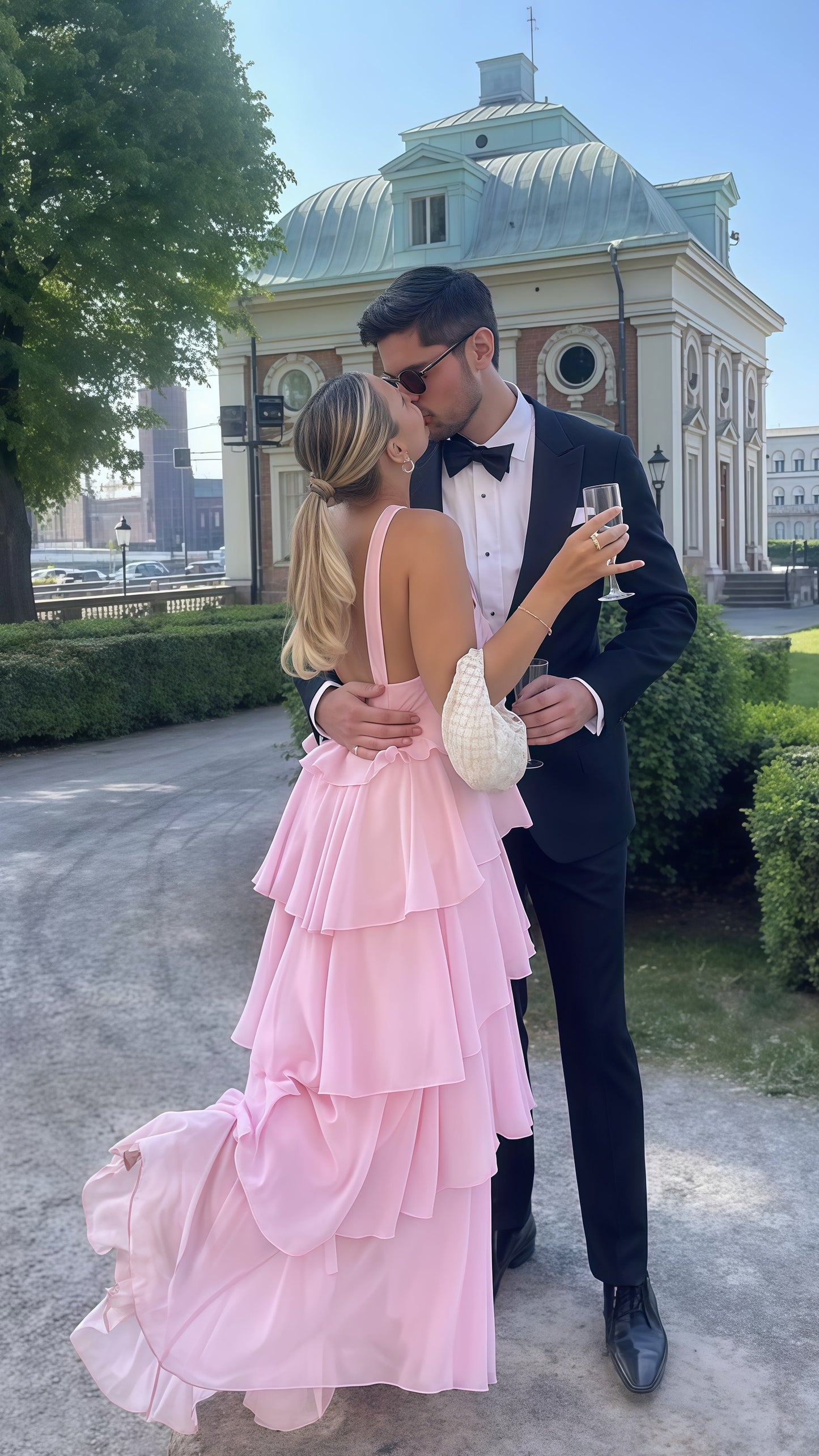 Pink Chiffon Ruffle Prom Dress, Halter Backless Party Dress