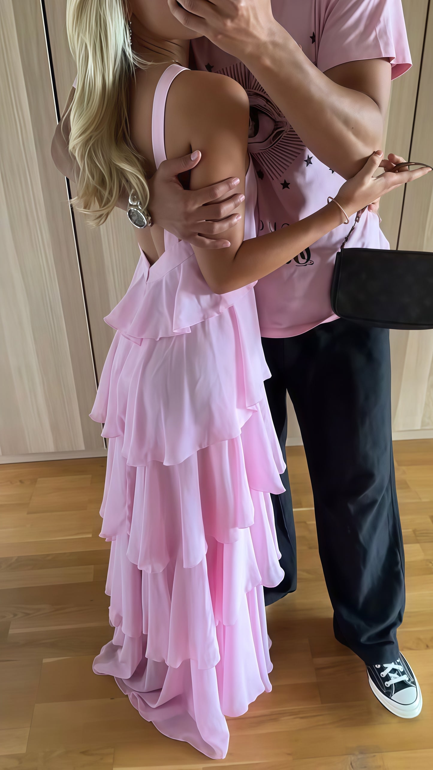 Pink Chiffon Ruffle Prom Dress, Halter Backless Party Dress