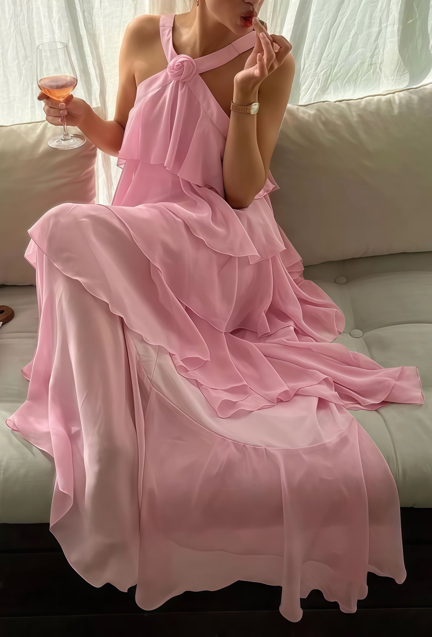Pink Chiffon Ruffle Prom Dress, Halter Backless Party Dress