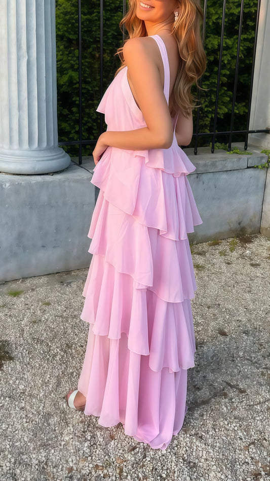 Pink Chiffon Ruffle Prom Dress, Halter Backless Party Dress