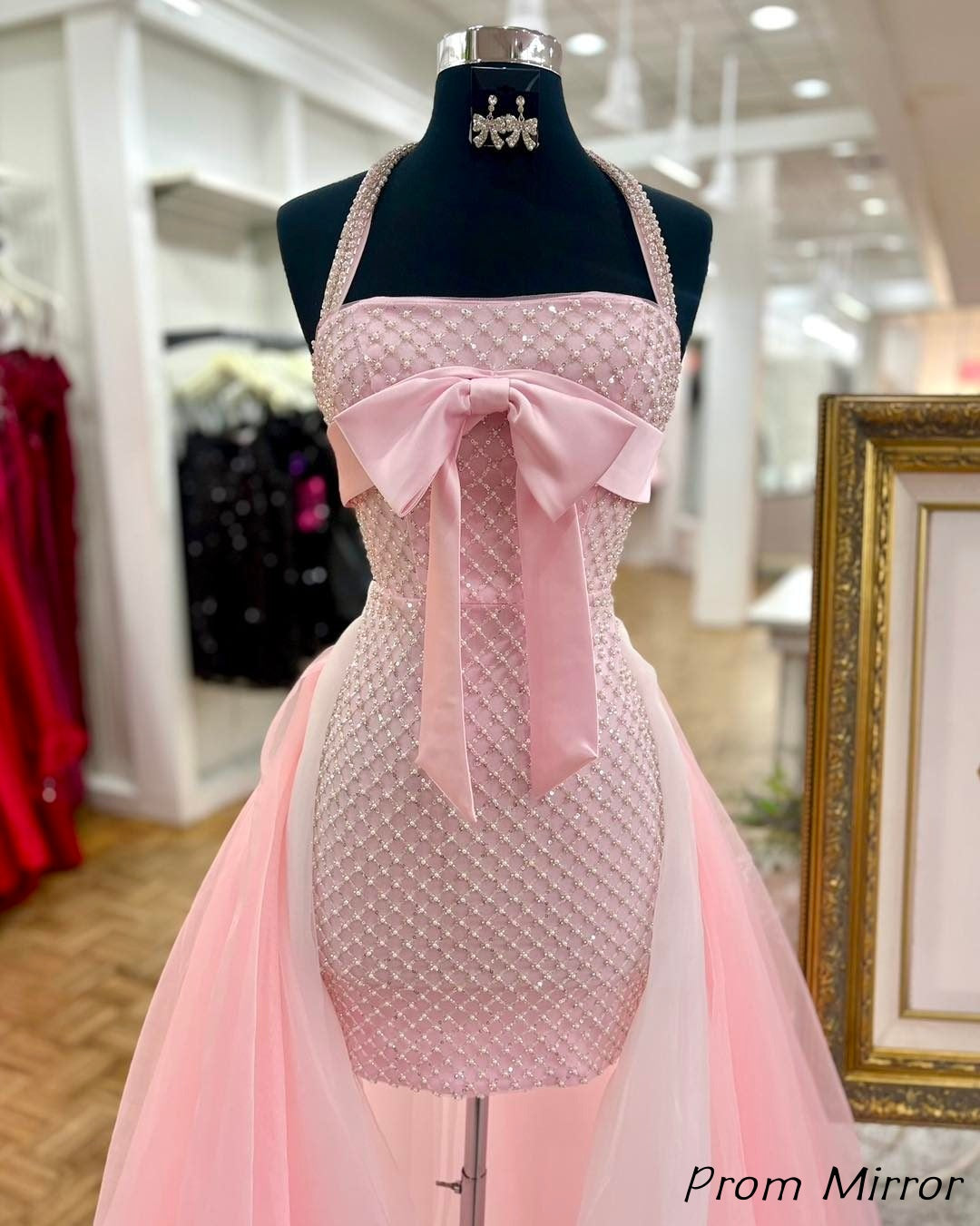 Pink Halter Beaded Bodycon Homecoming Dress With Detachable Train