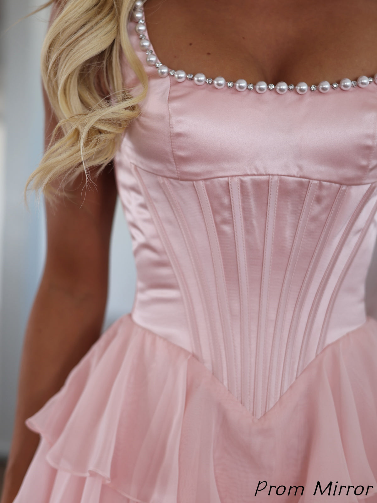 Pink Pearl Beaded Satin Chiffon Homecoming Prom Dresses