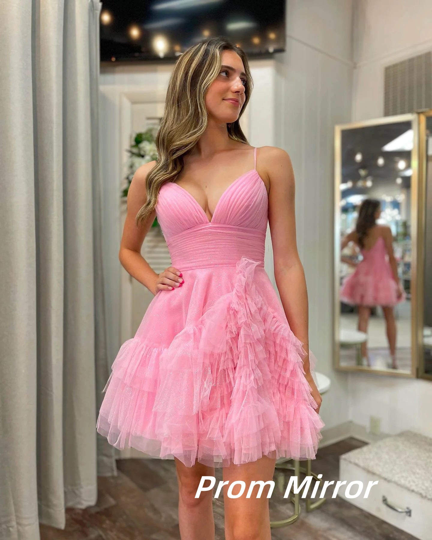 Pink Tulle Homecoming Dress V-Neck Ruffle Formal Gown