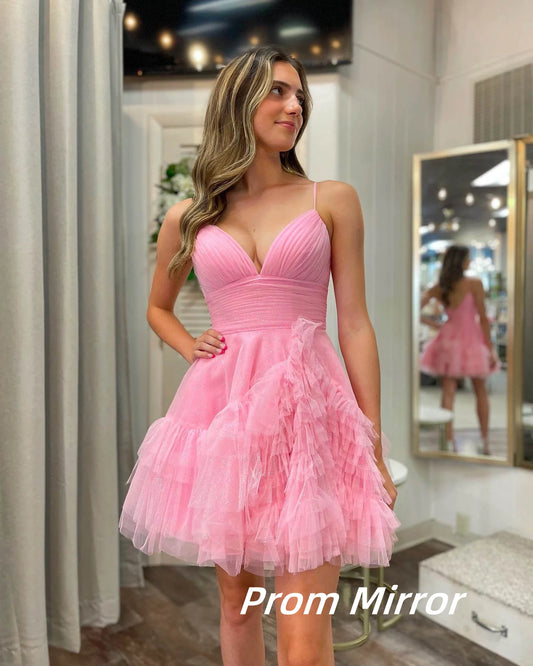 Pink Tulle Homecoming Dress V-Neck Ruffle Formal Gown
