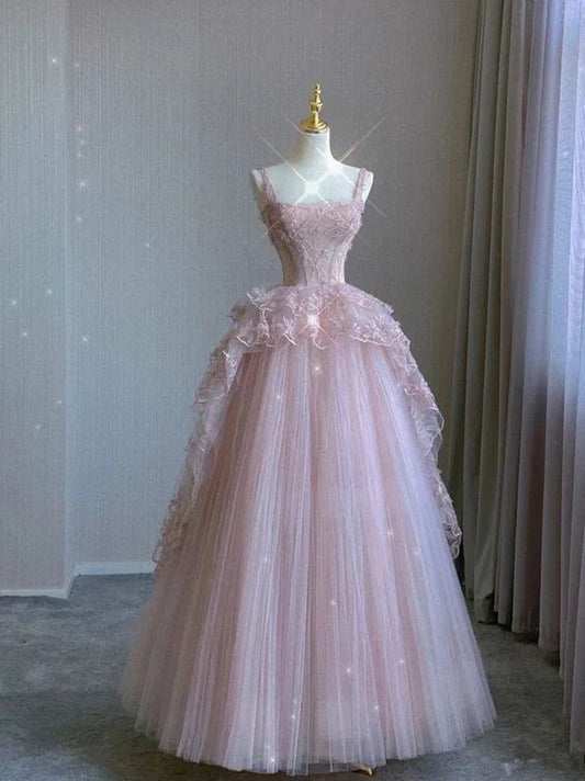 Pink Tulle Lace Long Prom Dress, Pink Evening Dress Birthday Dresses