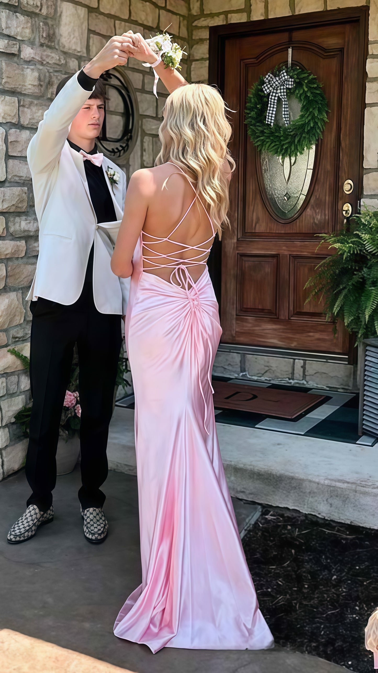 Pink V-neck Mermaid Prom Dress, Cross Back Evening Dress