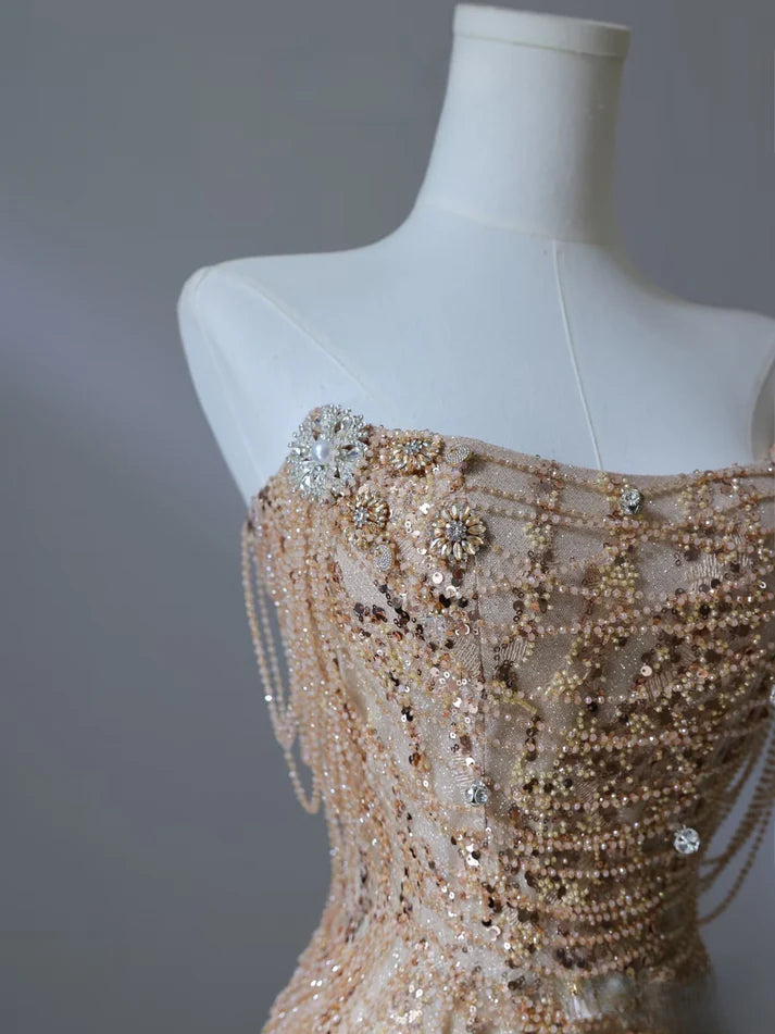 Pretty Mermaid Strapless Gold Sequin Beads Long Prom Dresses Formal Evening Dress