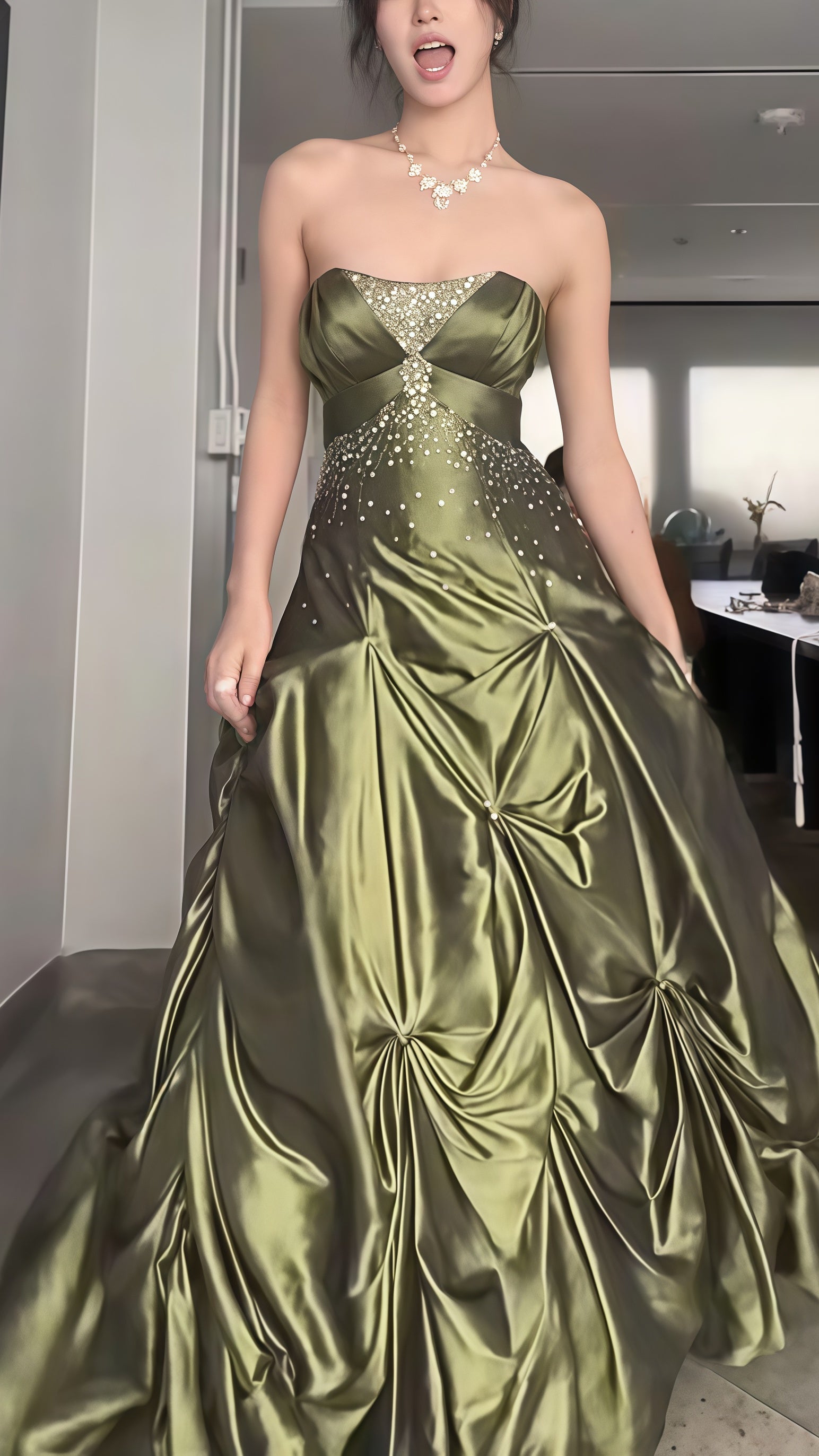 Princess Olive Green Beaded Prom Dress – prommirror