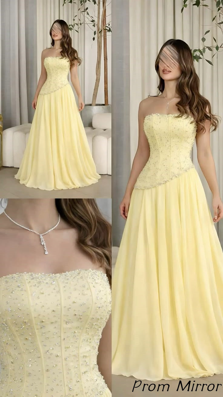 Princess Yellow Beaded Corset Chiffon Long Prom Dresses