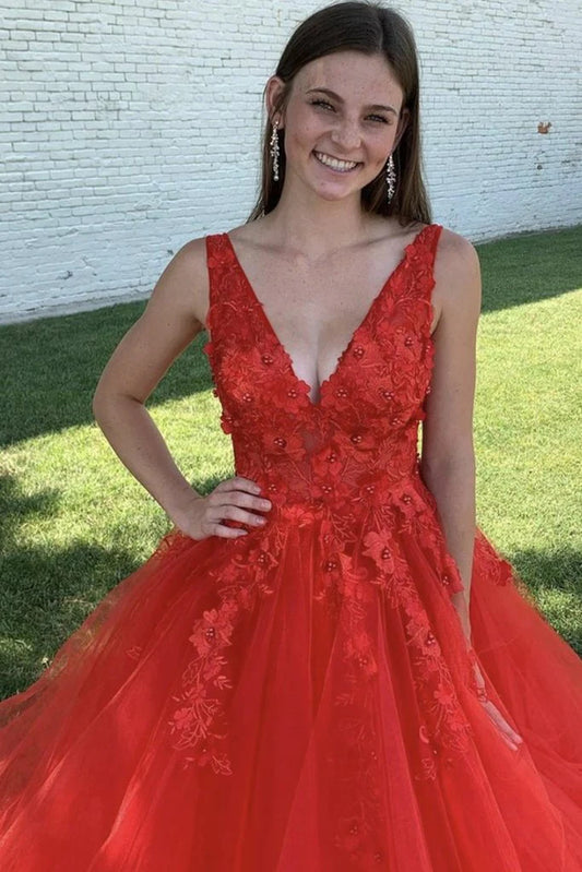 Sweet Red Prom Dresses A-Line Lace Appliques Beaded Tulle Senior Prom Dress