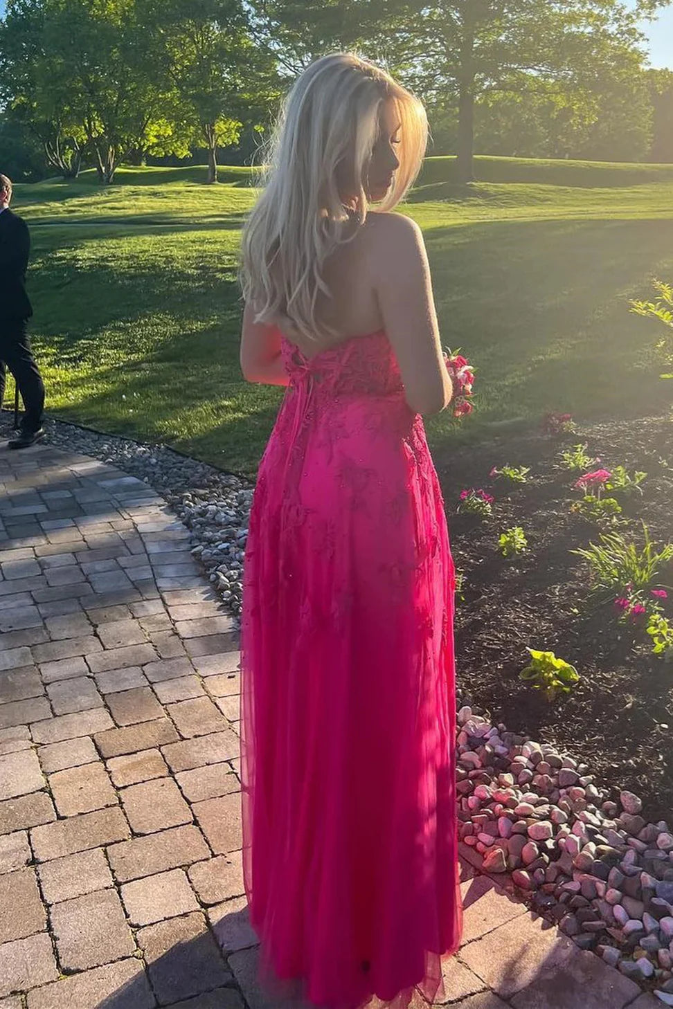 Fuchsia Sweetheart Appliques Beaded Long Prom Dresses With Side Slit