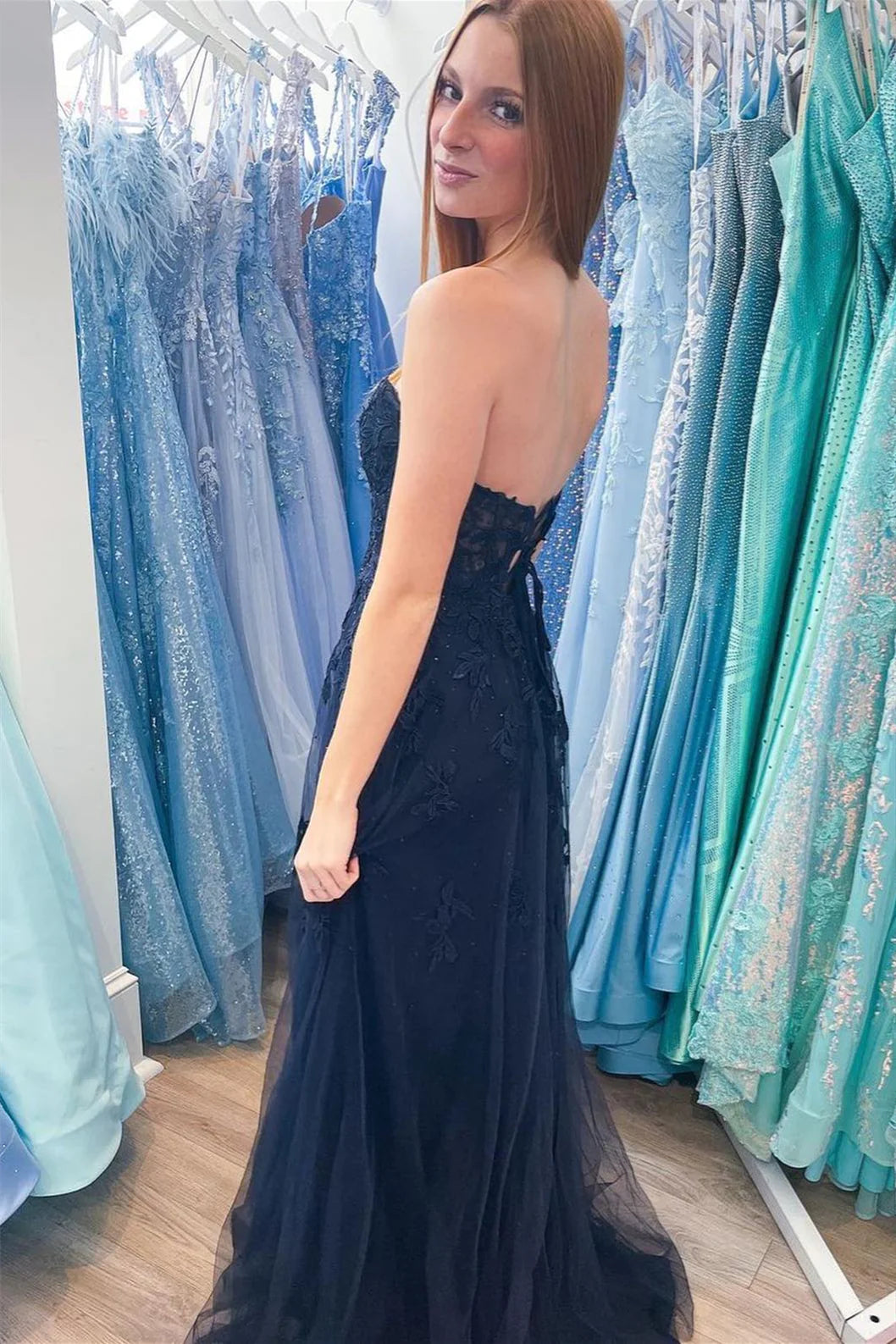 Fuchsia Sweetheart Appliques Beaded Long Prom Dresses With Side Slit