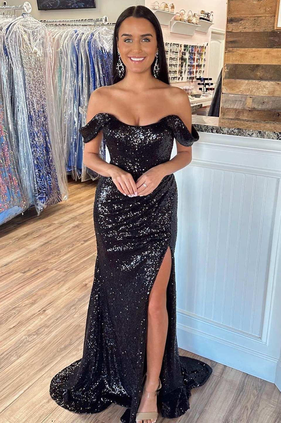 Off The Shoulder Sequin Prom Dresses, Evening Dress Long Party Gown