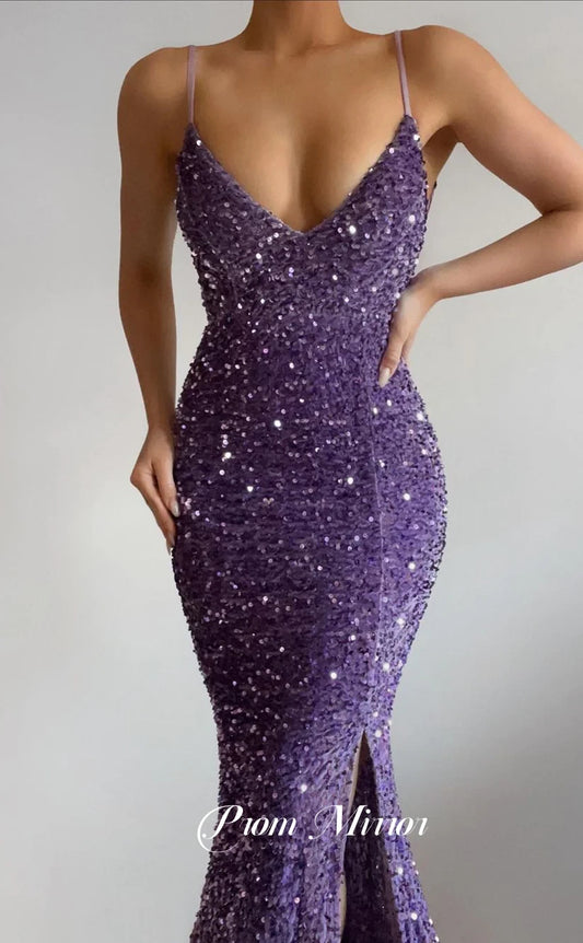 Purple Sequin Bodycon Sheath Long Prom Dresses