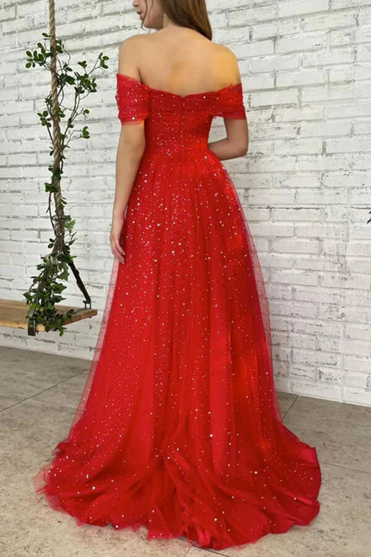 Sparkle Off The Shoulder A-Line Tulle Prom Dresses