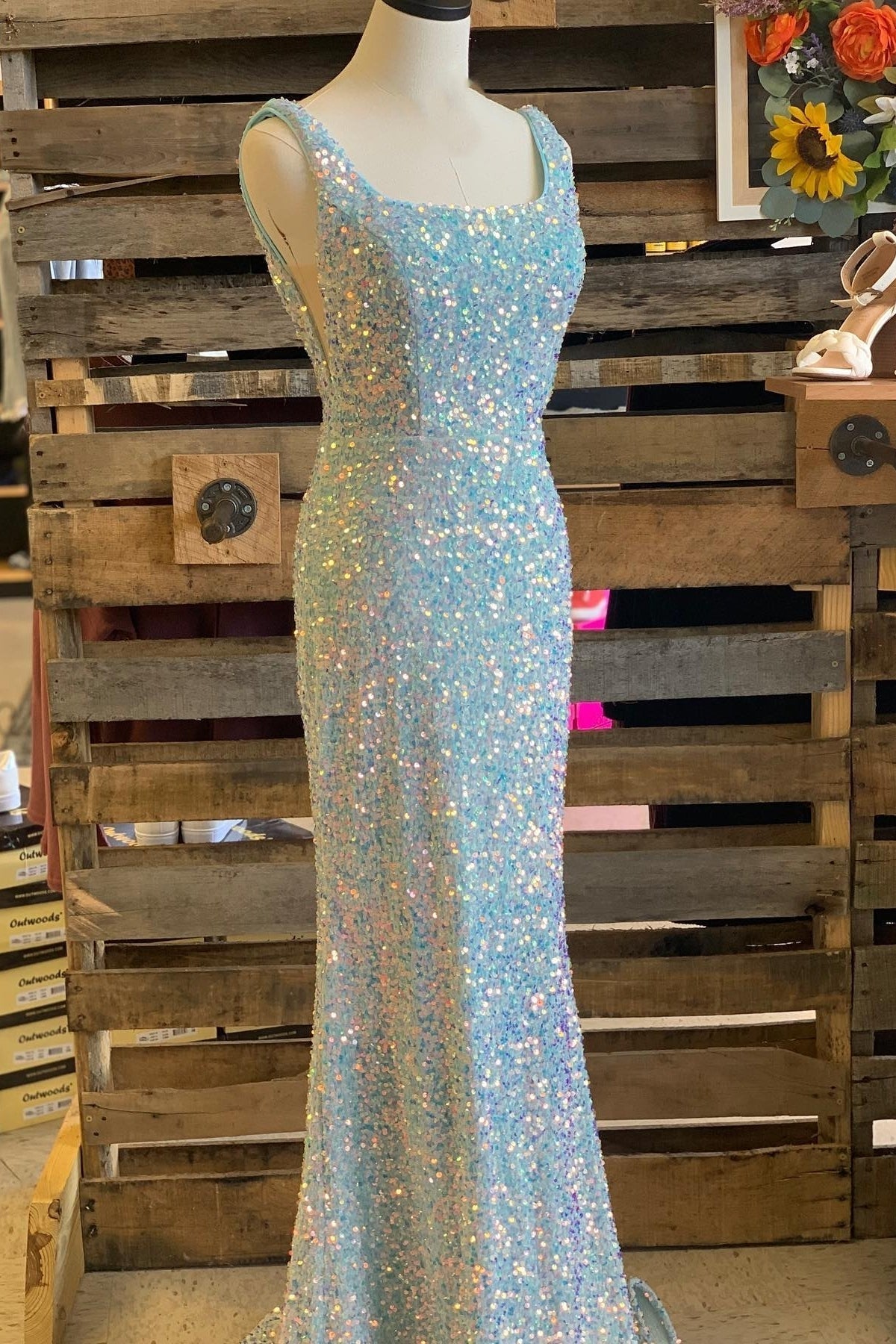 Red Sequin Square Neck Mermaid Long Formal Dress