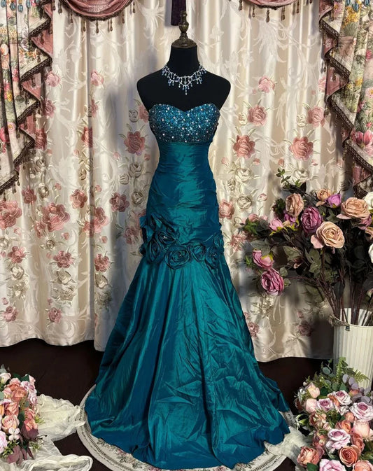 Retro Ball Gown Sweetheart Teal Satin Beaded Without Sleeves Long Prom Dress,Evening Dress