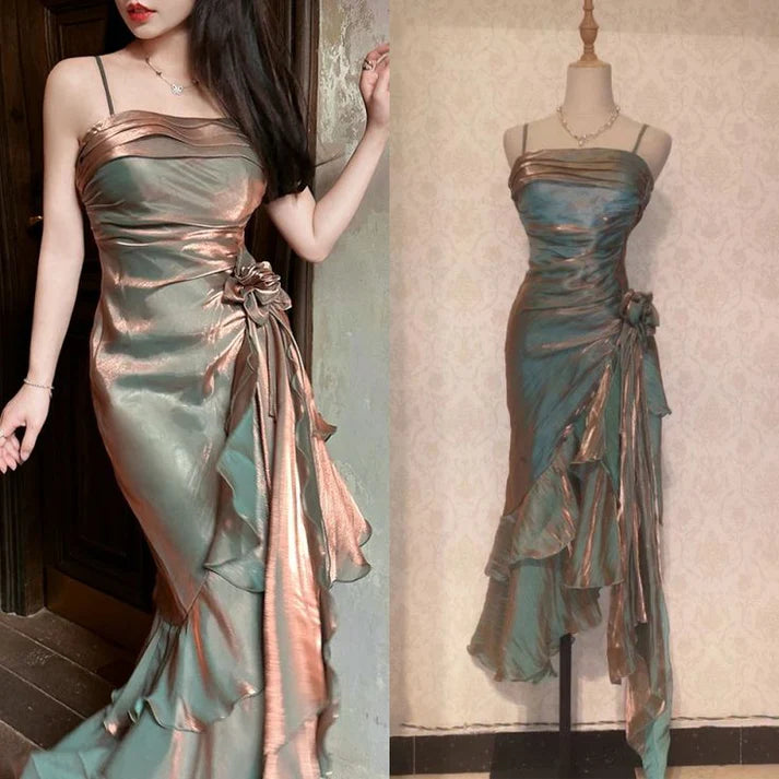 Retro Mermaid Spaghetti Straps Satin Long Party Dress Prom Dresses