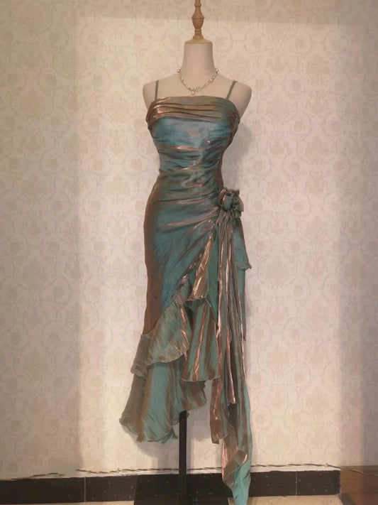 Retro Mermaid Spaghetti Straps Satin Long Party Dress Prom Dresses