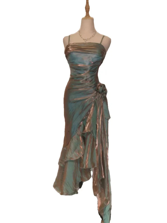 Retro Mermaid Spaghetti Straps Satin Long Party Dress Prom Dresses