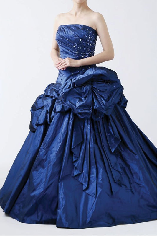 Royal Blue Strapless Pleated Beaded Prom Dresses Sleeveless A-Line Party Ball Gown