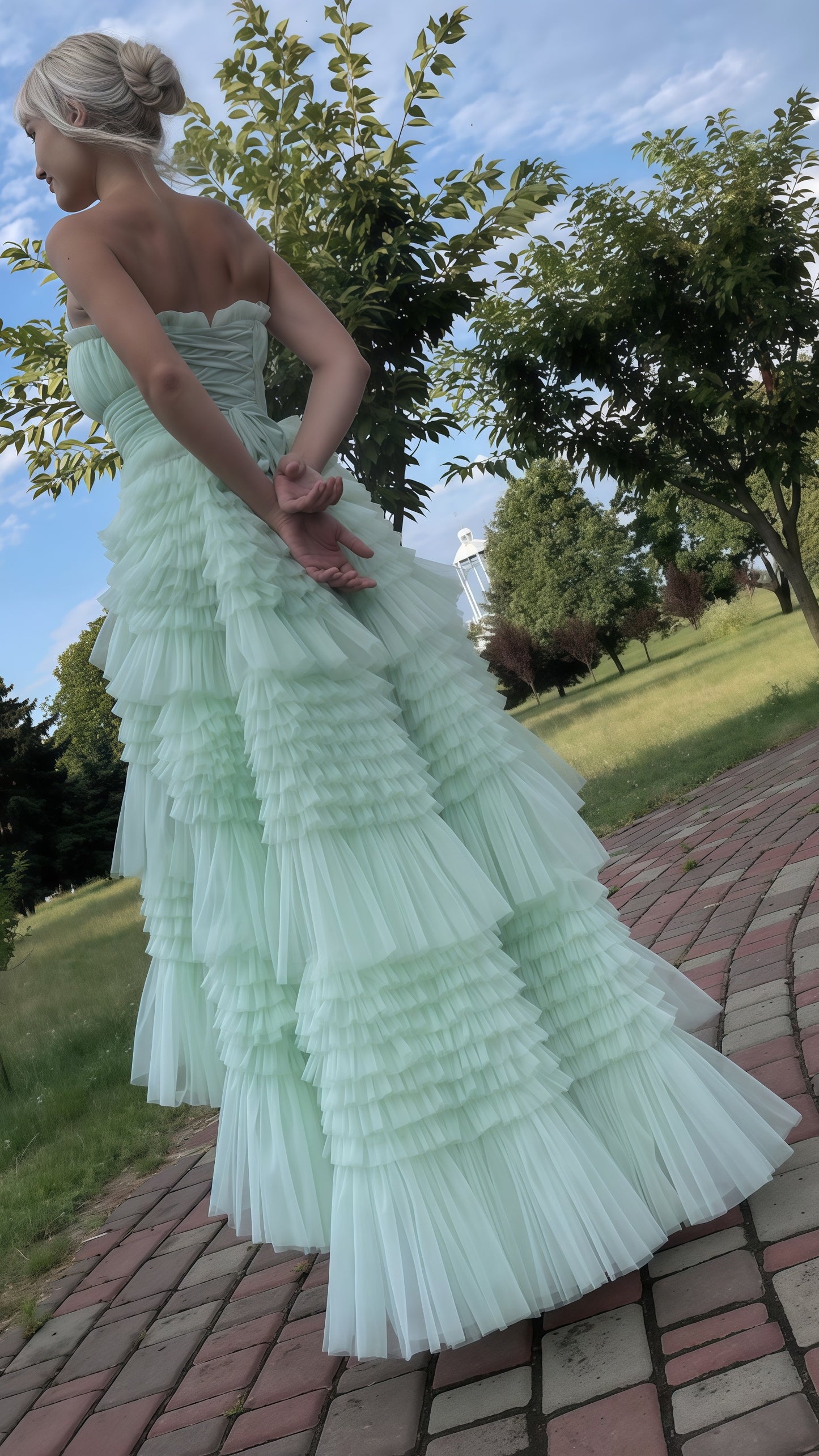 Sage Green Tulle Prom Dresses, Strapless Ruffle Birthday Dress