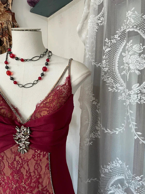 Sexy Mermaid Spaghetti Straps Red Lace Prom Dresses Long Party Dress