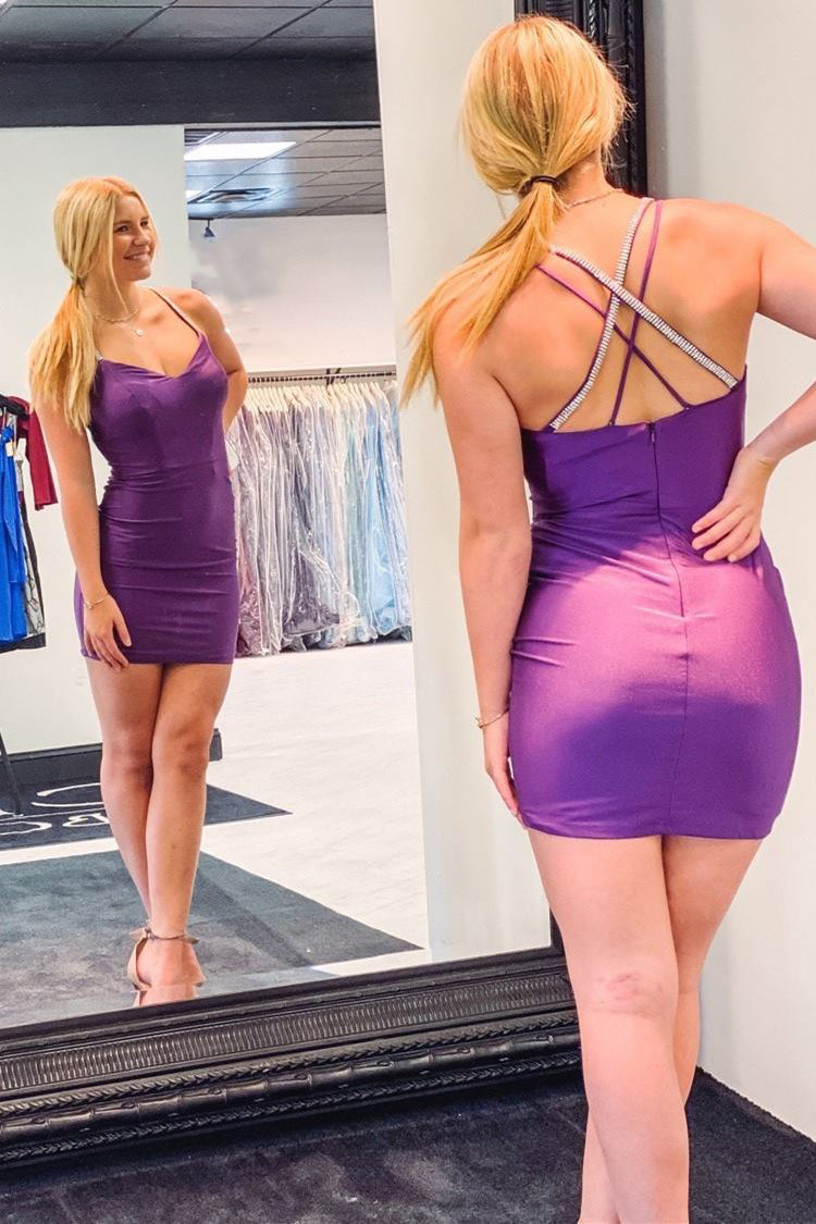 Cross Back Bodycon Purple V-Neck Homecoming Dress