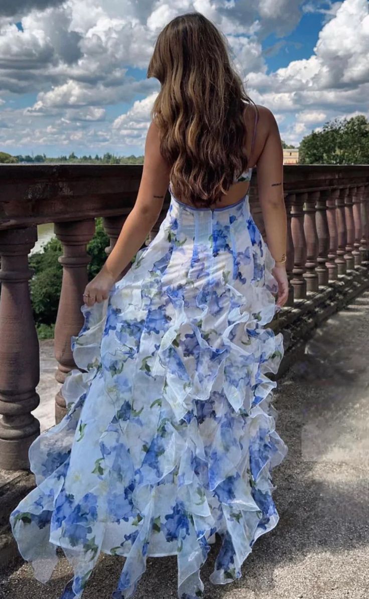 Sexy&Classic Floral Ruffle Prom Dress Long Evening Gown