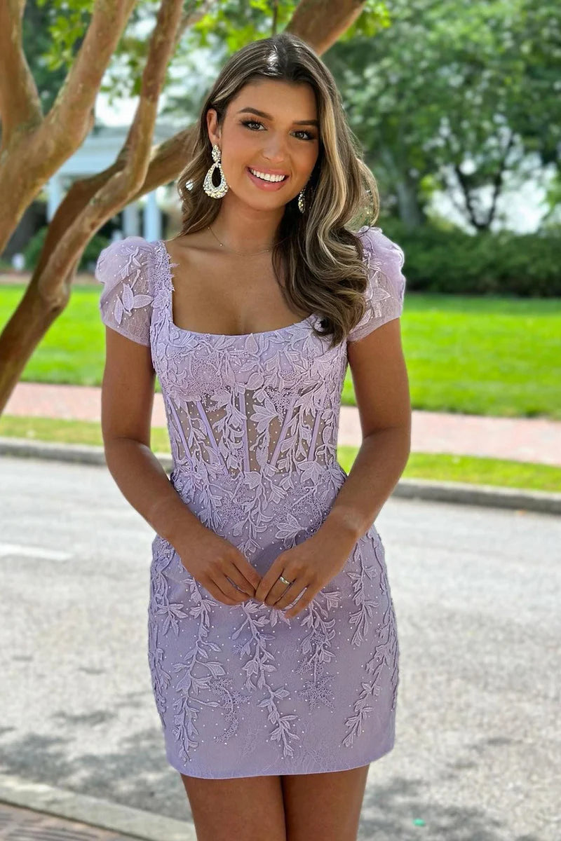 Short Bodycon Purple Lace Homecoming Dress prommirror Short Bodycon Purple Lace Homecoming Dress prommirror