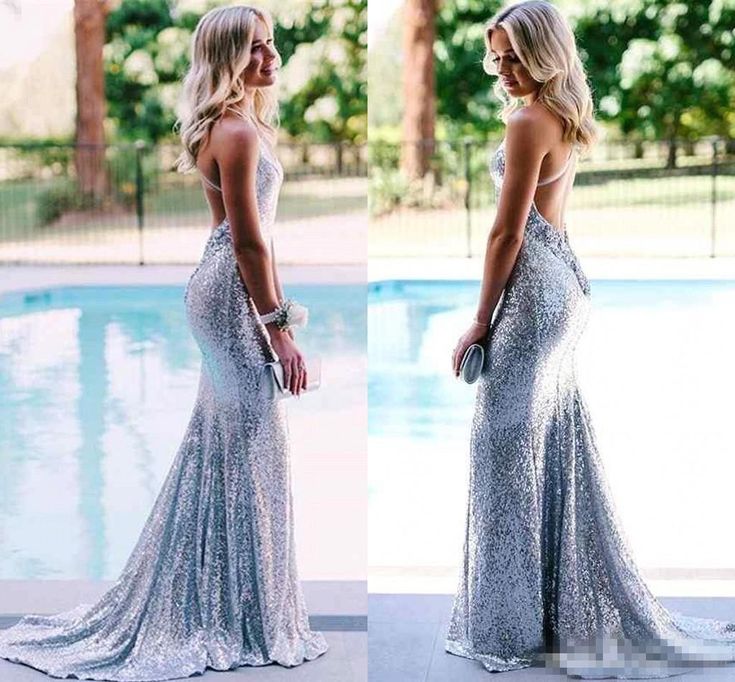 Silver Mermaid Sequin Cross Back Long Prom Dress