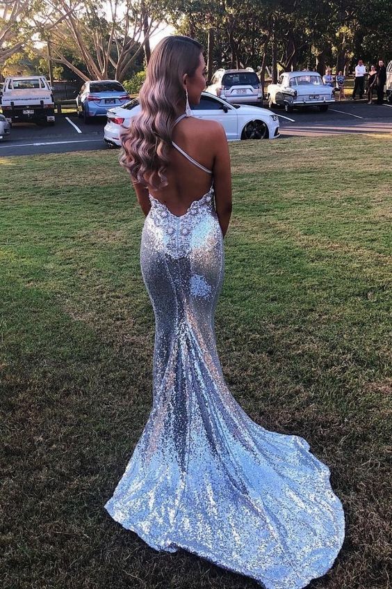 Silver Mermaid Sequin Cross Back Long Prom Dress