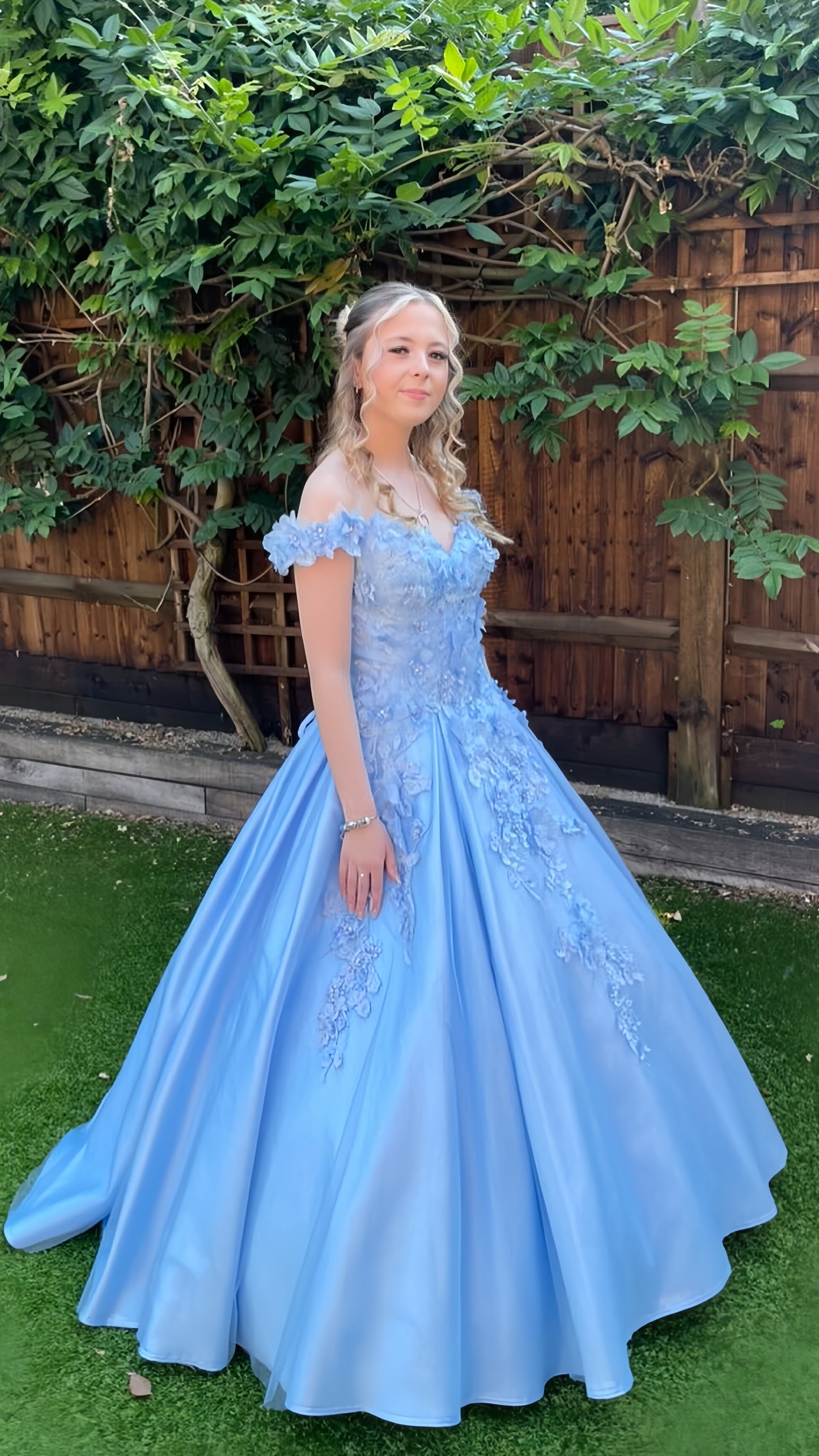 Sky Blue 3D Floral A-Line Prom Dress, Off The Shoulder Birthday Dress