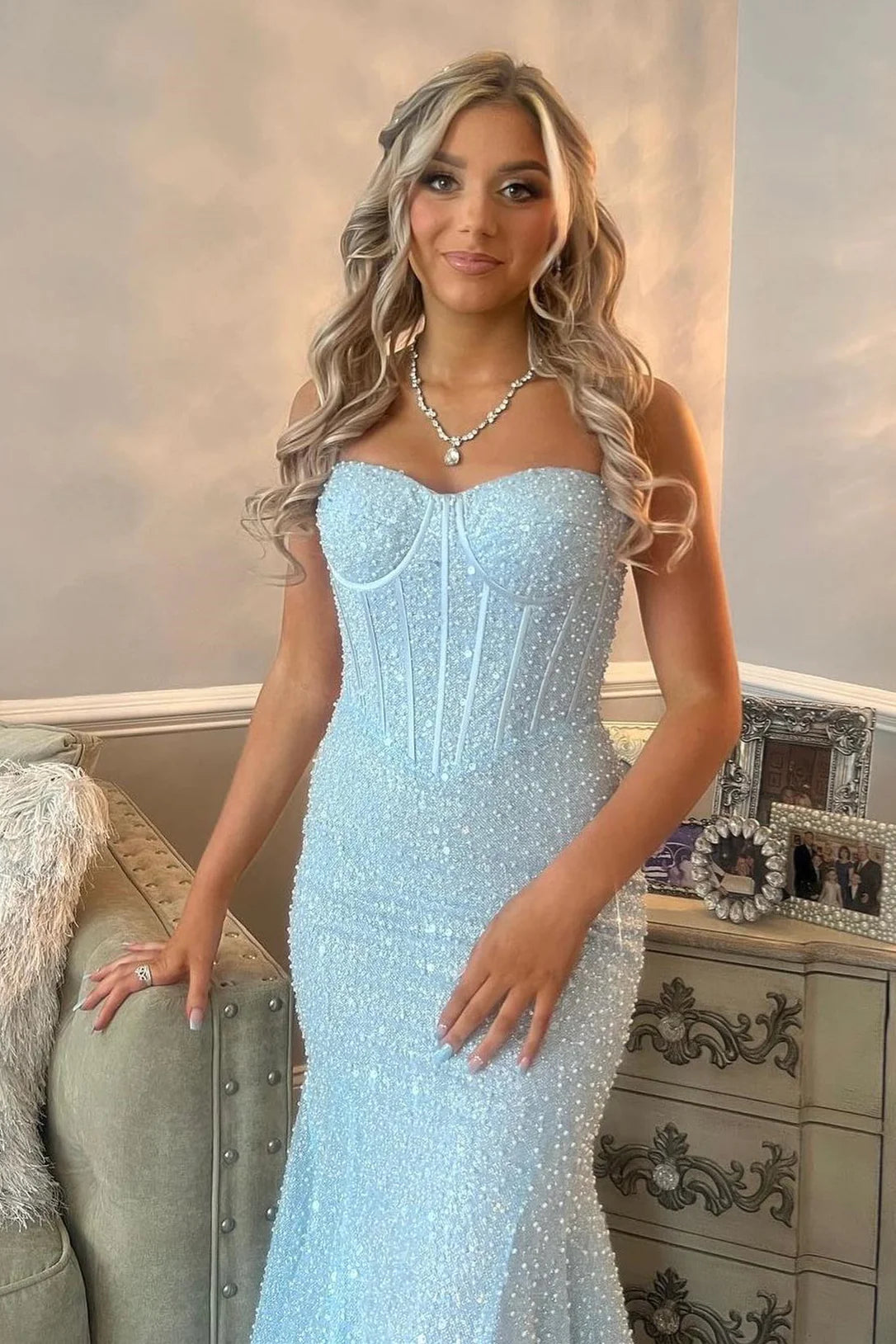 Spaghetti Straps Light Blue Sequin Prom Dresses