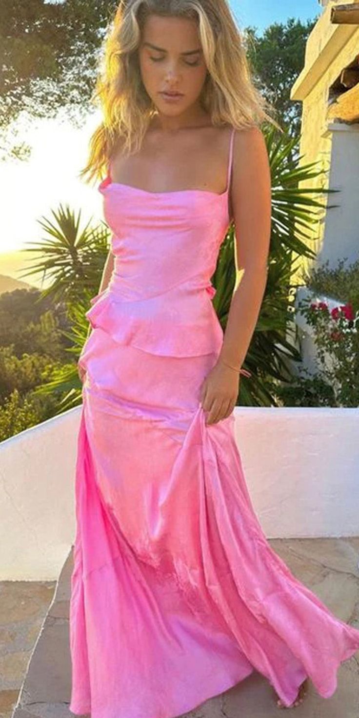 Spaghetti Straps Pink Long Prom Dress