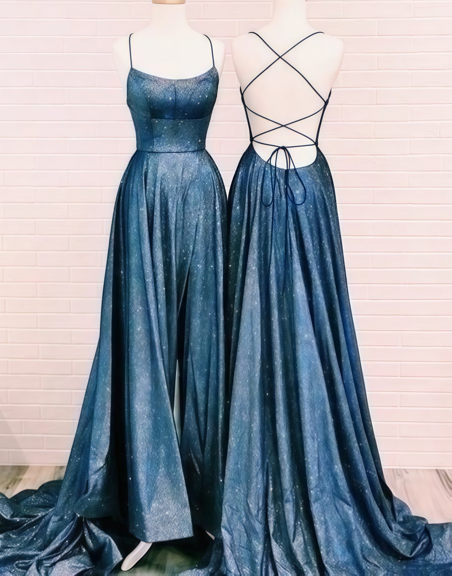 Sparkle Cross Back Prom Dress, A-Line Sleeveless Evening Gown