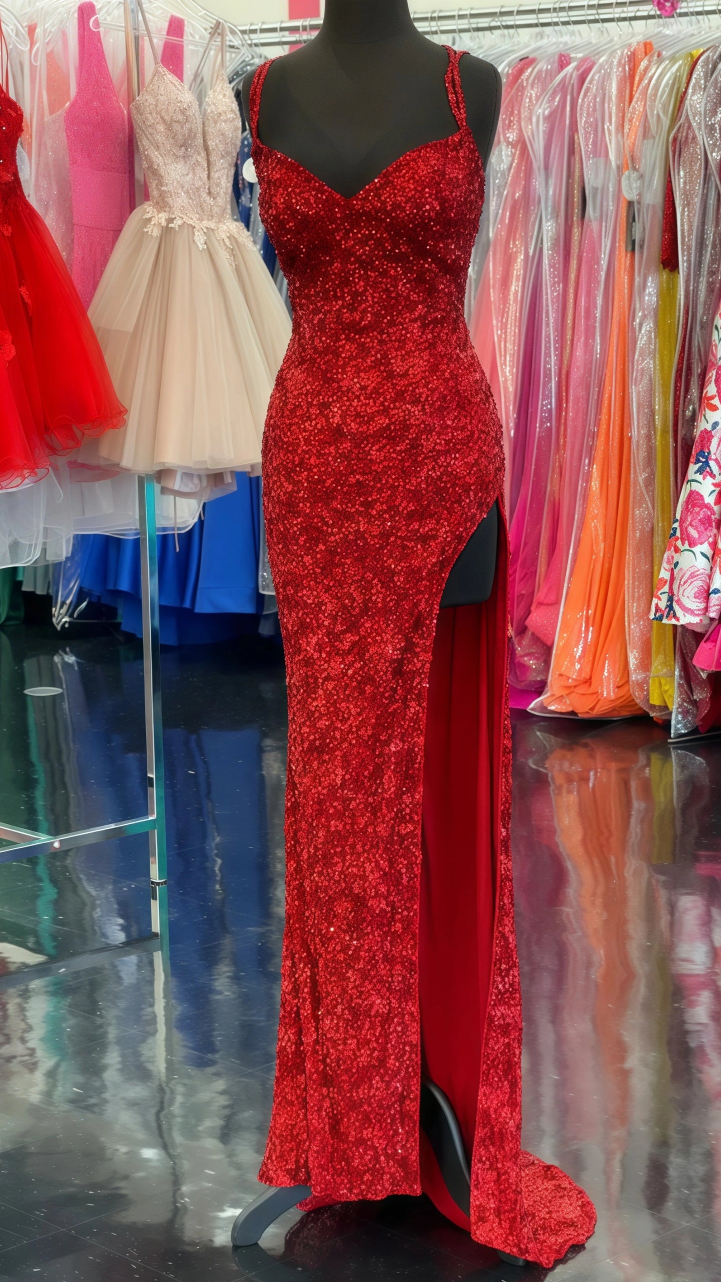 Sparkle Red Bodycon Sequined Long Prom Dresses