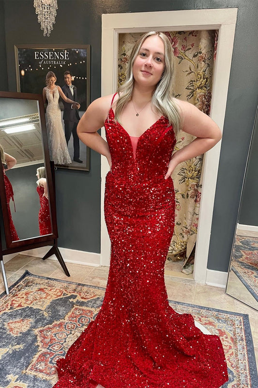 Straps Red Sequin Mermaid Long Formal Dress