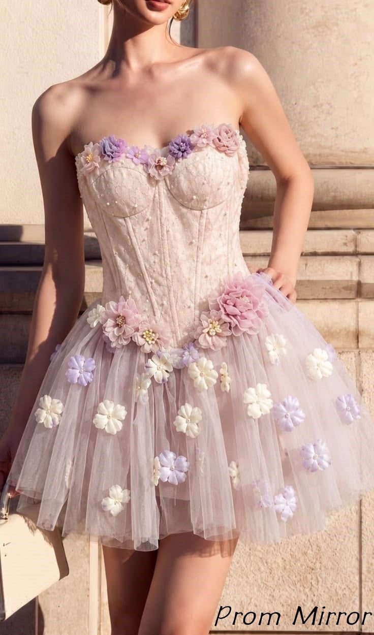 Sweet Floral Homecoming Dress Corset Beaded Hoco Dresses